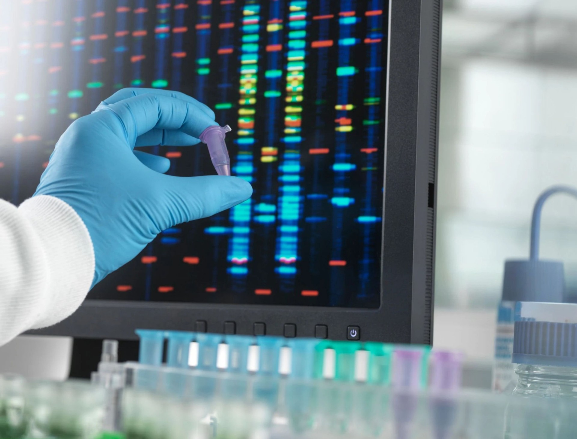 A scientist in a lab analyzes genetic information, studying dna sequencing results closely.